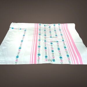Vintage Spring Easter Tablecloth 63x51 Pink Blue Floral Stripes Dots